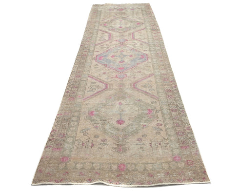 14 Ft Vintage Brown Persian Style Hand Knotted Distressed Low Pile Wool Runner Rug